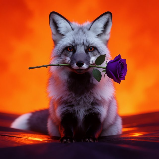 a silver fox holding a purple rose in its mouth, deep color, fantastical, intricate detail, splash screen, complementary colors, fantasy concept art — Model 12
