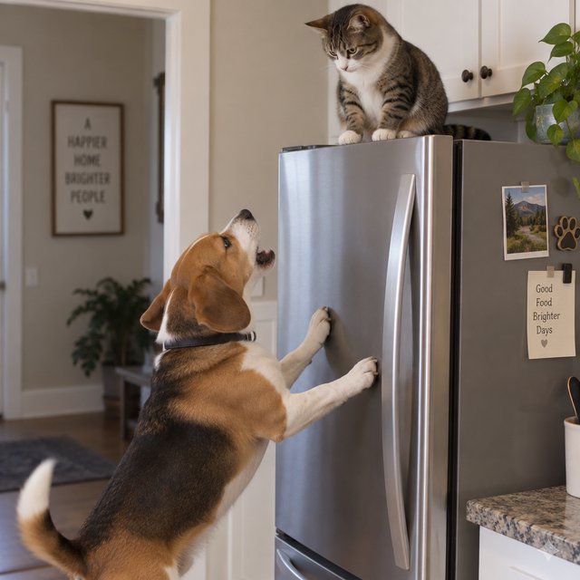 A cat sits on the top of a refrigerator calmly looking down at a barking dog. The dog is on his hind legs leaning on the fridge barking at the cat. — GPT Image 2.5 Sunburst