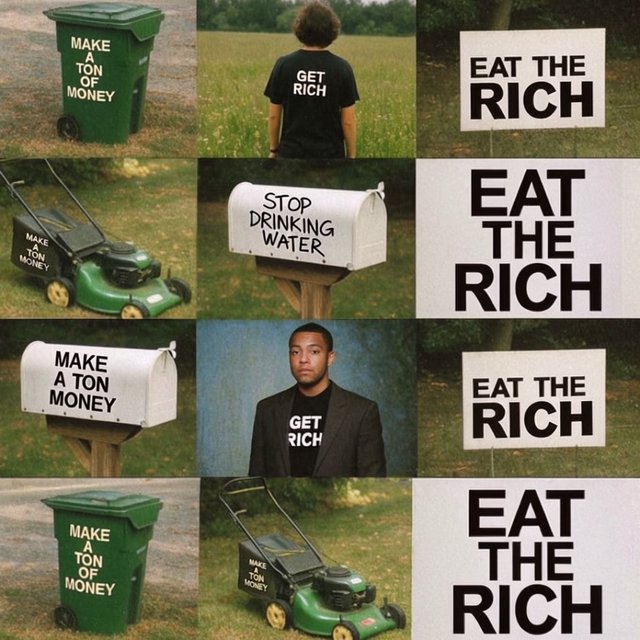Messages and words related to making a ton of money, hidden in plain sight around the world. — Krea 2 Large