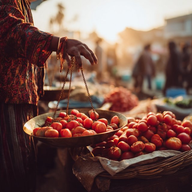 Candid street photograph of an outdoor vegetable market at golden hour, a vendor weighing tomatoes on a brass scale, shallow depth of field, 50mm lens. — Midjourney v7