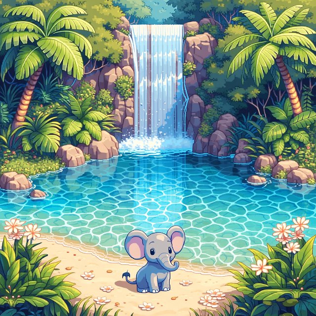 An adorable animal in a cartoon illustration, a cross between an elephant, a zebra, and a mouse. On the shore at the base of a magical waterfall flowing into a crystal-blue pond. Ripples create a wavy reflection in the water. — Midjourney Niji 7