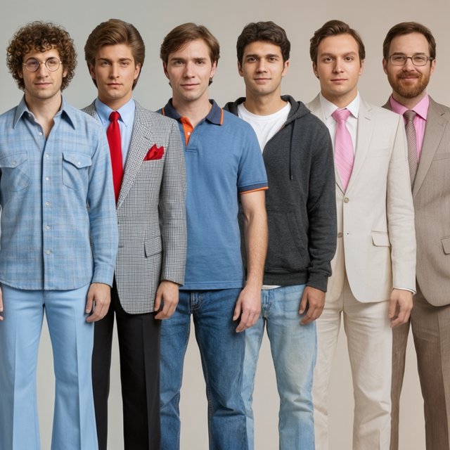 A realistic image only, showing nice outfits worn by adult men from at least 4–6 different eras. Mention the time range for each era. — Krea 2 Large