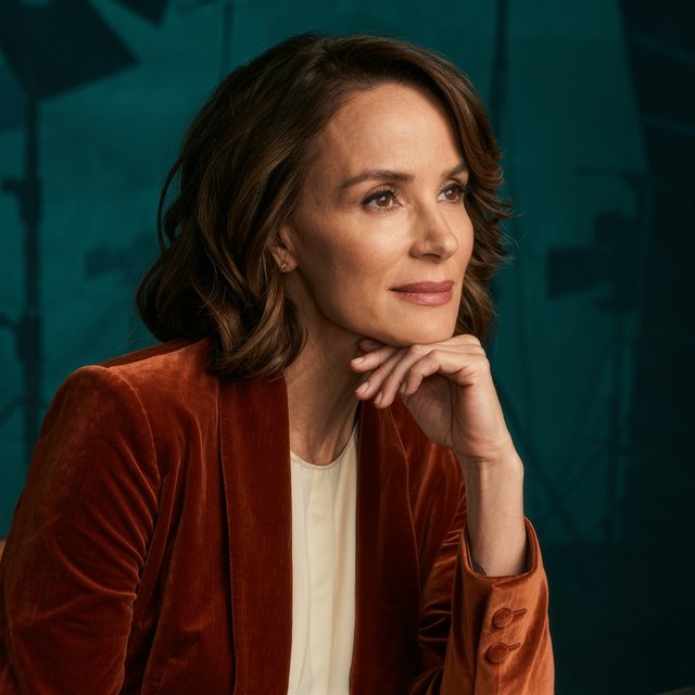 Portrait of an adult woman in her 30s wearing a rust-colored velvet jacket over an ivory blouse, one hand resting beneath her chin, thoughtful expression, deep teal studio backdrop, soft side lighting and gentle cheek highlights. — Kling v3 Omni