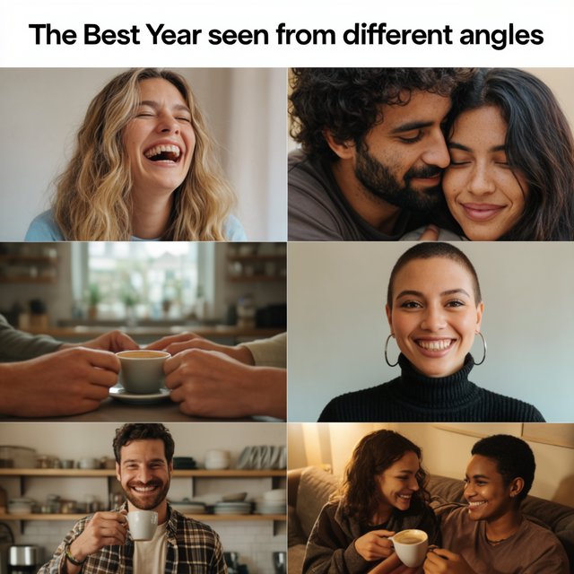 A realistic image where the theme is all about people having the best year ever. 4–6 moments seen from different angles. At the top it says, "The Best Year seen from different angles". — Krea 2 Large