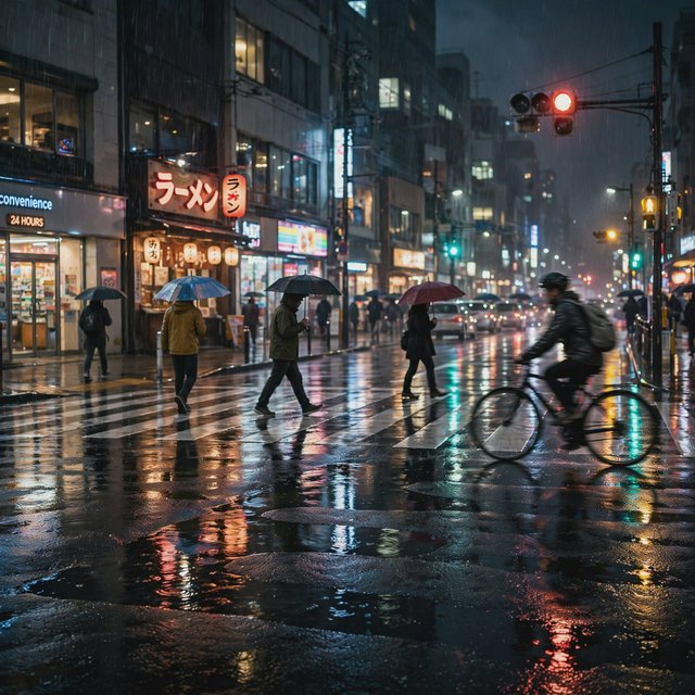 A rain-soaked city crosswalk at night seen from across the street, umbrellas, reflections of traffic lights on wet asphalt, slight motion blur on a passing cyclist. — Muse Image 1.0