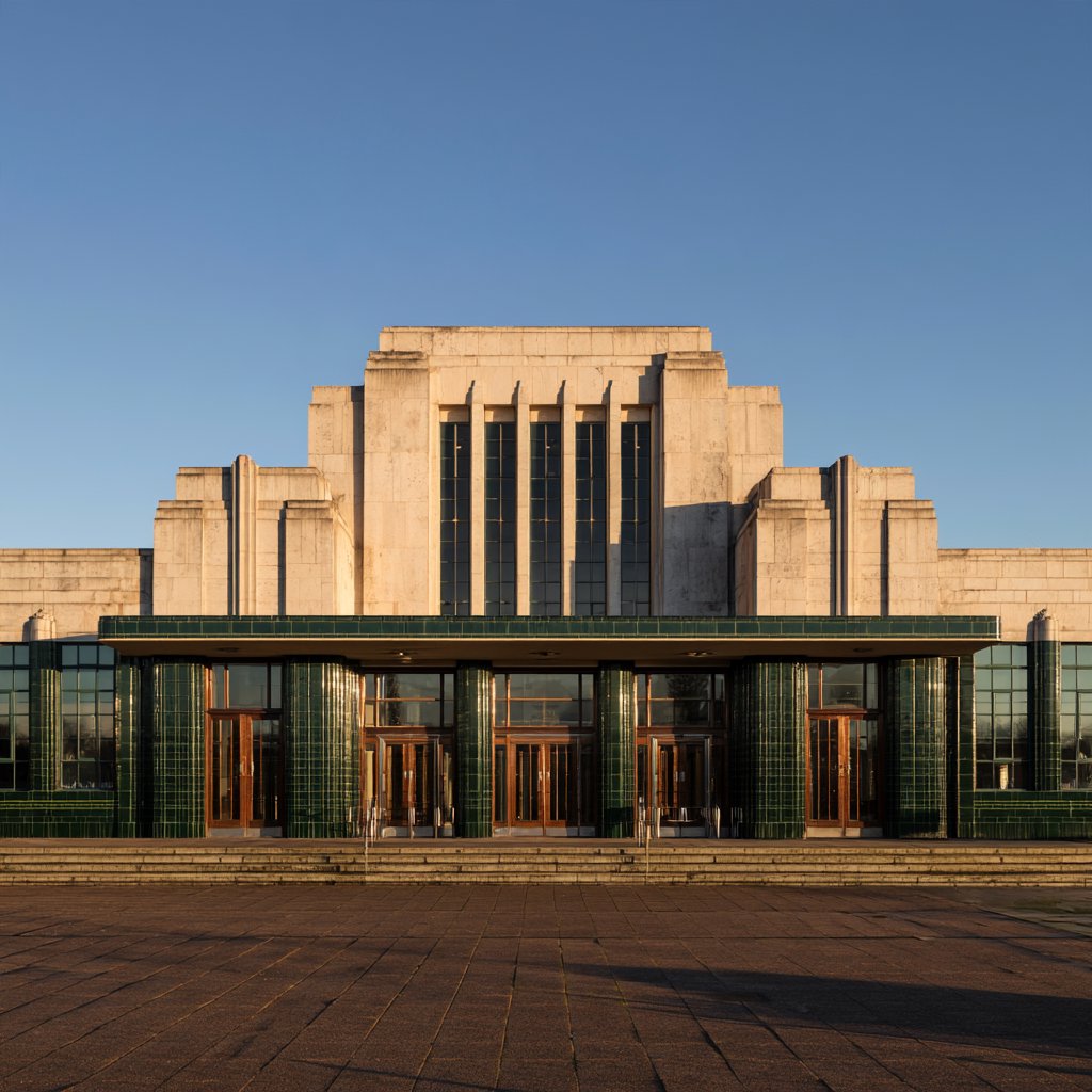Exterior of an Art Deco railway terminal in pale limestone and dark green glazed brick, with stepped massing, bronze-framed windows, and a broad canopy; clear winter morning light, viewed from the station forecourt, precise lines and credible structure. — Midjourney V8.2