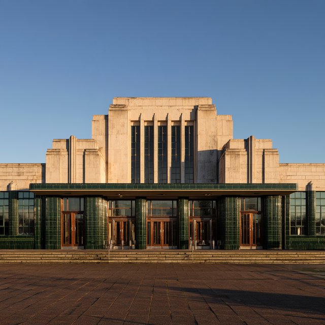Exterior of an Art Deco railway terminal in pale limestone and dark green glazed brick, with stepped massing, bronze-framed windows, and a broad canopy; clear winter morning light, viewed from the station forecourt, precise lines and credible structure. — Midjourney V8.2