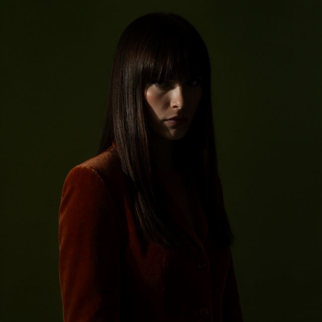 Her guarded gaze catches a solitary beam in a low-key fashion portrait: an adult woman aged 27–35 wears a rust-colored velvet blazer, the rest of her face falling into shadow against a deep olive backdrop. — Krea 2 Large