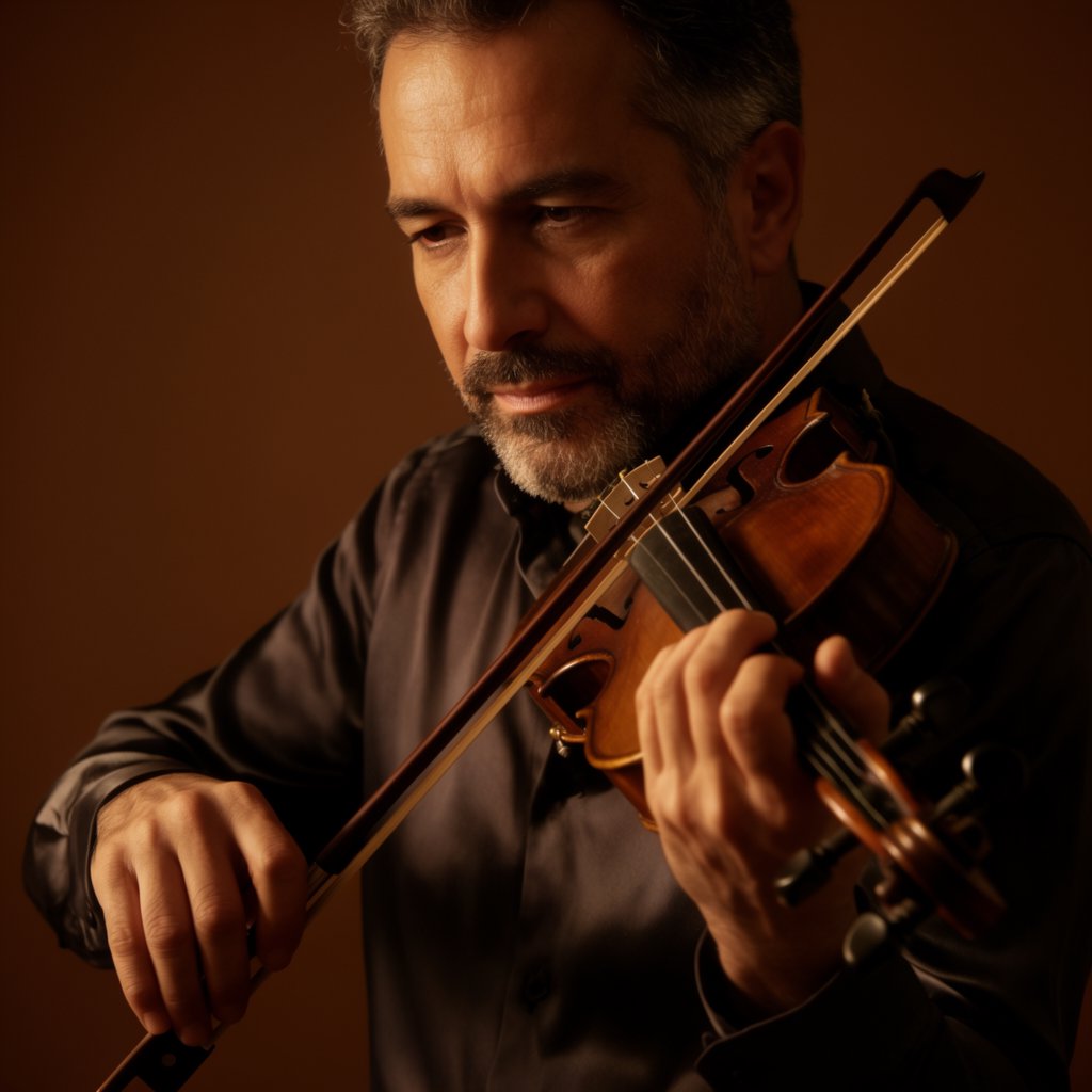 With a violin tucked close, an adult man in his early 50s draws a bow, his hands prominent, wearing a charcoal silk shirt; his intent expression is framed against a warm umber backdrop in soft amber window light, in a close portrait photograph. — Krea 2 Large