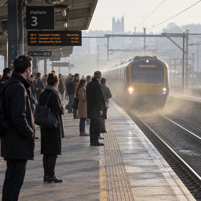 Across a broad station platform, adult commuters wait in loose clusters as a train approaches through pale dawn haze. A real-world press photograph uses a 135mm lens and deep focus; fine brake dust hangs in the sunlit air. — GPT Image 2.5 Flare