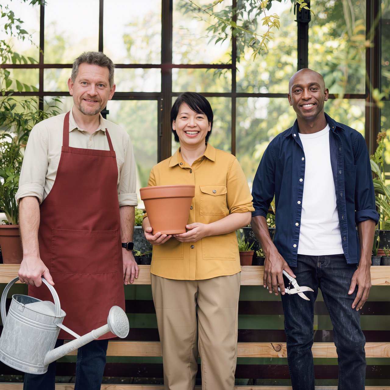 At a quiet greenhouse bench, exactly three adult botanists stand in a row: left wears a rust-red apron and holds a watering can, center wears a mustard shirt and holds a terracotta pot, right wears a navy jacket and holds pruning shears; nothing else. — Kling v3
