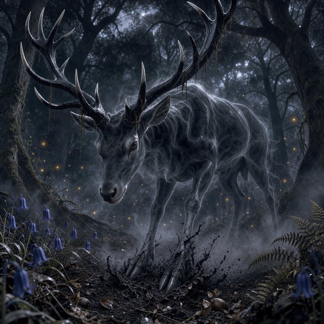 Low-angle wide shot, ancient overgrown oak forest at midnight: a colossal ghost stag looms, its semi-transparent form woven from swirling inky mist threaded with liquid silver moonlight. Polished obsidian antlers cut through shadow, jagged edges catching faint starlight, moss dangling from their points. Heavy hooves press into the loamy forest floor, wild bluebells and ferns curling black and crumbling to ash beneath each step. Hundreds of faint gold fireflies drift slowly through thick volumetric fog, their glows diffused in the haze. Deep indigo and charcoal color palette, somber quiet dread, atmospheric dark fantasy aesthetic, soft dappled moonlight filtering through a gnarled canopy, cinematic depth of field, sharp fine edges on the stag's antlers and decaying foliage. — FLUX 3 Image