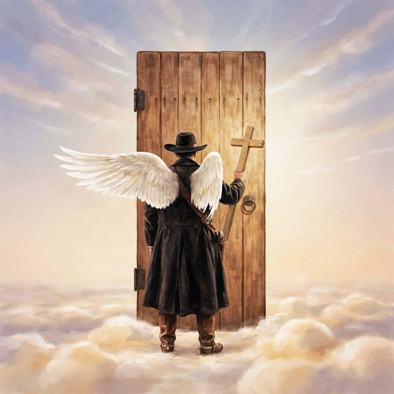 Create a painted image of a frontier lawman in heaven, facing away from the camera with angel wings. He is standing on a ground made of clouds, with a door in front of him. Holding a cross, he uses it to knock on the door. — Ideogram v4.5