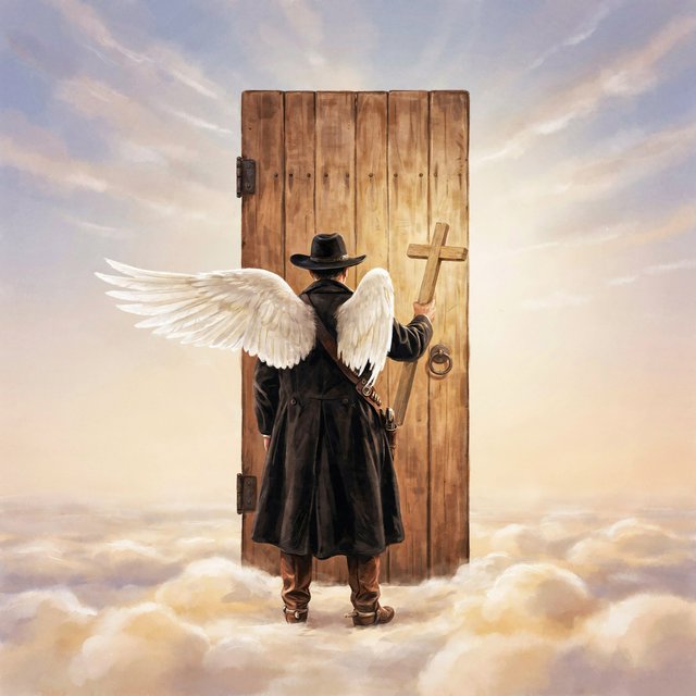 Create a painted image of a frontier lawman in heaven, facing away from the camera with angel wings. He is standing on a ground made of clouds, with a door in front of him. Holding a cross, he uses it to knock on the door. — Ideogram v4.5