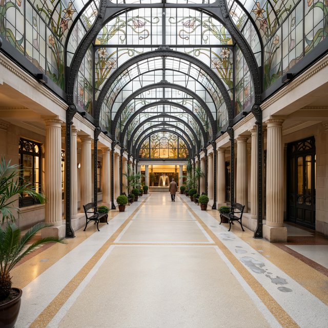 Interior of an Art Nouveau winter garden, curved iron ribs, cream terrazzo floor, hand-painted botanical glass panels, filtered late-afternoon sunlight, viewed from the entrance along the central axis, elegant geometry and believable load-bearing structure. — Ideogram v4