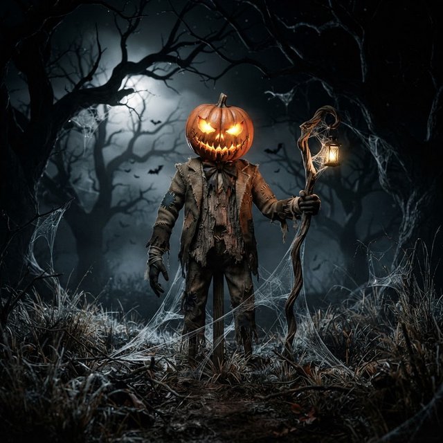 Chiaroscuro contrast, inner-lit glows, dense central detail fading into haze and velvety darkness. A pumpkin-headed scarecrow with a jack-o-lantern face, glowing eyes, stitched grin, bow tie, bark torso, and wooden staff stands in a night forest clearing with dry grass, cobwebs, bats, bare branches, — Model 15