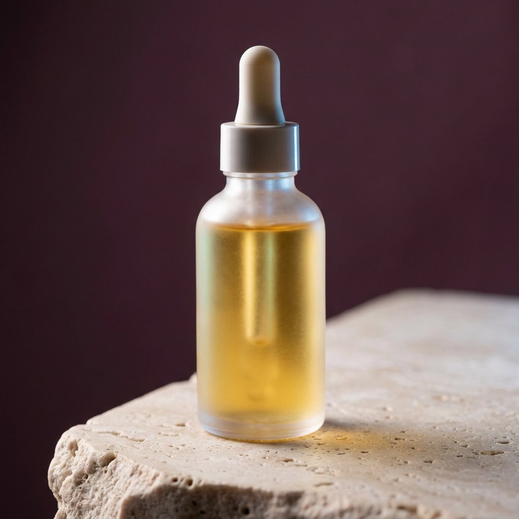 Under a broad diffused key and cool edge light, an unbranded frosted-glass serum bottle displays clear golden oil against a muted plum background, resting on honed pale travertine with its blank surface free of lettering. — Nano Banana 2.1