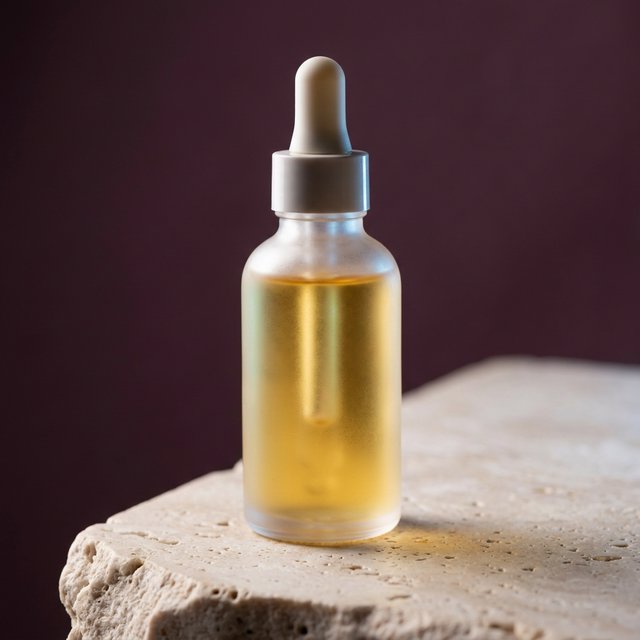 Under a broad diffused key and cool edge light, an unbranded frosted-glass serum bottle displays clear golden oil against a muted plum background, resting on honed pale travertine with its blank surface free of lettering. — Nano Banana 2.1
