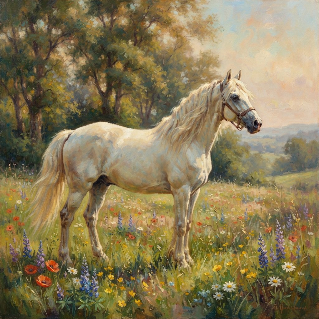 a regal white horse with a flowing mane, standing in a sun-dappled meadow filled with vibrant wildflowers. Gentle light illuminates the scene, highlighting the horse's powerful physique and the delicate details of the flowers. The style is reminiscent of Romantic era landscape paintings with a soft, impressionistic touch. — Nano Banana 2 Lite