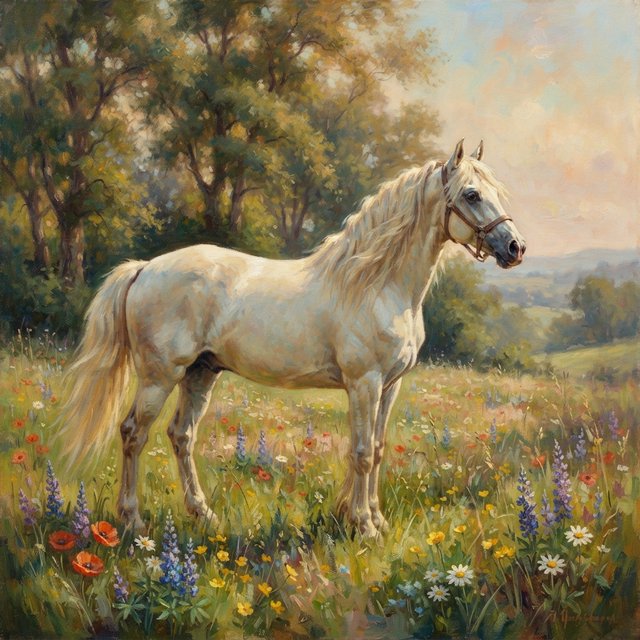 a regal white horse with a flowing mane, standing in a sun-dappled meadow filled with vibrant wildflowers. Gentle light illuminates the scene, highlighting the horse's powerful physique and the delicate details of the flowers. The style is reminiscent of Romantic era landscape paintings with a soft, impressionistic touch. — Nano Banana 2 Lite