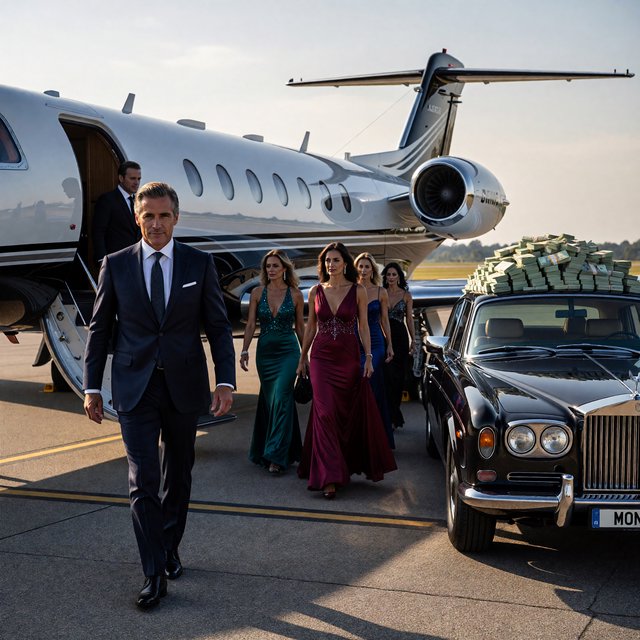 A man dressed in very nice formal clothes is getting off a private black-and-white plane. Many beautiful adult women in dresses are following the man. The man is heading toward a very high-end classic black car. The word "Money" is on the car's license plate. On top of the car is a ton of money. It is the afternoon. The vibe is cool and rich. — ImagineArt 1.5 Pro