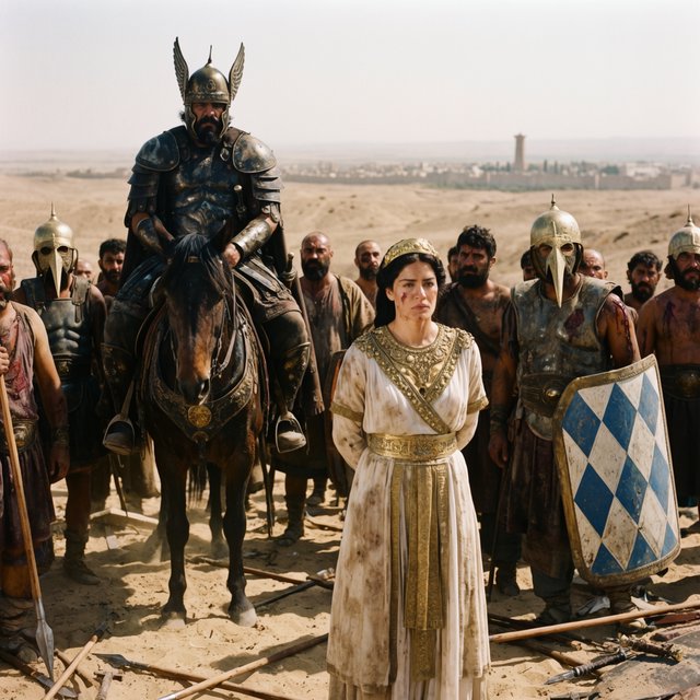 Film capture. Cinematic scene of the Byzantine empress being captured by Sassanid cataphracts. Harsh desert lighting. Shallow depth of field. The image takes place in the aftermath of a battle. All of the subjects are dusty and disheveled. — Krea 2 Large