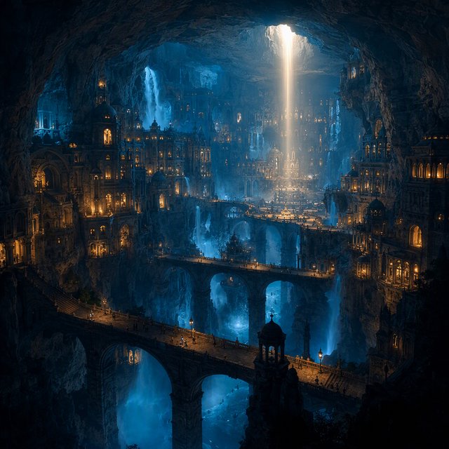 An ancient city carved inside a hollow mountain glows with windowlight, its terraced bridges spanning a blue-lit cavern while mineral mist rises around distant waterfalls and a narrow beam of sunrise reaches the deepest plaza. — GPT Image 2