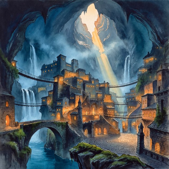 An ancient city carved inside a hollow mountain glows with windowlight, its terraced bridges spanning a blue-lit cavern while mineral mist rises around distant waterfalls and a narrow beam of sunrise reaches the deepest plaza. — ImagineArt 2