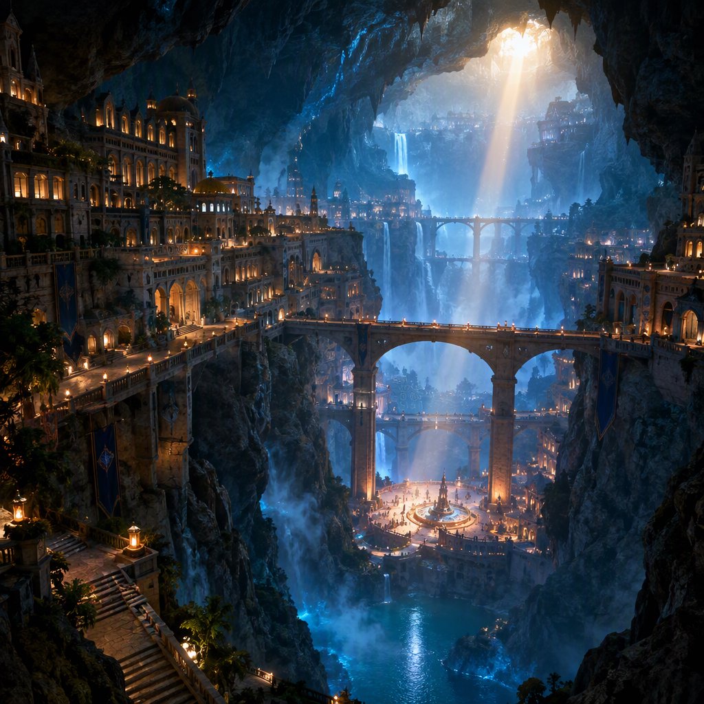 An ancient city carved inside a hollow mountain glows with windowlight, its terraced bridges spanning a blue-lit cavern while mineral mist rises around distant waterfalls and a narrow beam of sunrise reaches the deepest plaza. — GPT Image 2.5 Flare