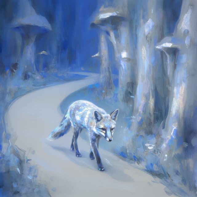 A solitary fox with fur like molten moonlight walks through an ethereal forest. Towering, bioluminescent fungi illuminate the path, casting an otherworldly glow. The style is reminiscent of early 20th-century magical realism, with bold, gestural brushstrokes akin to abstract expressionism, and a watercolor-like diffusion of light. — Model 11