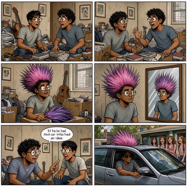 A three-row, six-panel sequence. Panel 1: A short-haired, nerdy man is talking to his friend Babu, another nerd with curly hair and round-frame glasses. They are both 20. Babu's room has a guitar and boxes full of things. Panel 2: Babu is exclaiming to his friend, saying something! Middle row, panel 3: Babu brings a spiky Mohican wig, pink to purple in color, out of one of his boxes. But it is oddly big. Panel 4: Babu stands in front of a wall mirror wearing the spiky wig—it is oddly very big! He looks concerned. Bottom row, panel 5: Babu's nerdy friend exclaims something to him, as if he has had an idea. Bottom row, panel 6: Babu is in a right-hand-drive sedan with a sunroof. Half of the spiky hair on his wig sticks out through the sunroof. The car is parked in front of a neighborhood hangout. Babu is looking out of the window, with one hand out of it. He wears sunglasses, trying to look cool. Several pretty adult women his age are giggling at him. — FLUX 3 Image Klein