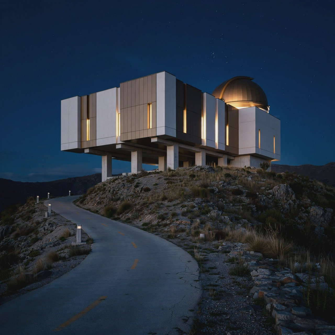 A hilltop observatory in spare contemporary architecture glows against the midnight sky, its pale concrete walls, bronze panels, and narrow windows lit from within; viewed from the access road, crisp edges and credible structural supports. — Muse Image 1.0