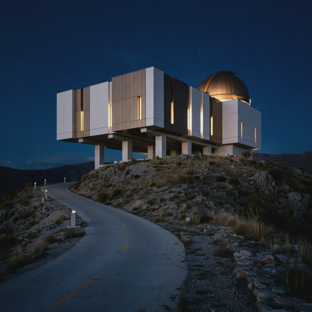 A hilltop observatory in spare contemporary architecture glows against the midnight sky, its pale concrete walls, bronze panels, and narrow windows lit from within; viewed from the access road, crisp edges and credible structural supports. — Muse Image 1.0
