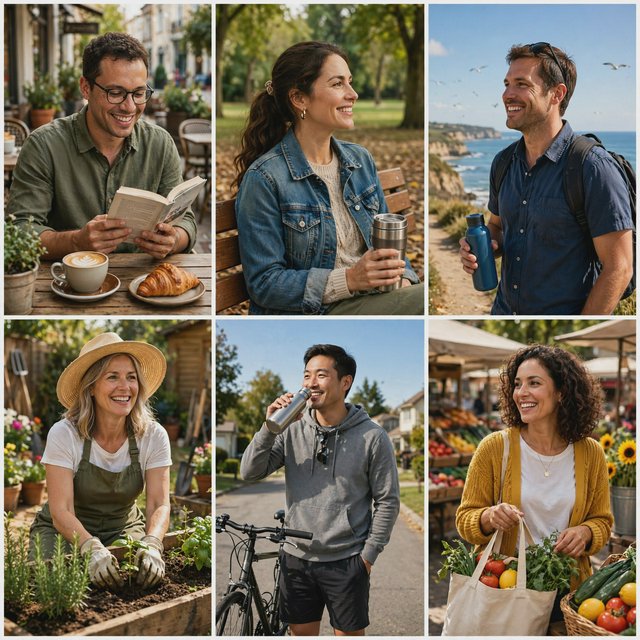 A realistic multi-panel composition with 4–7 panels, each depicting an adult enjoying a wonderful day in a distinct everyday setting. — Muse Image 1.0