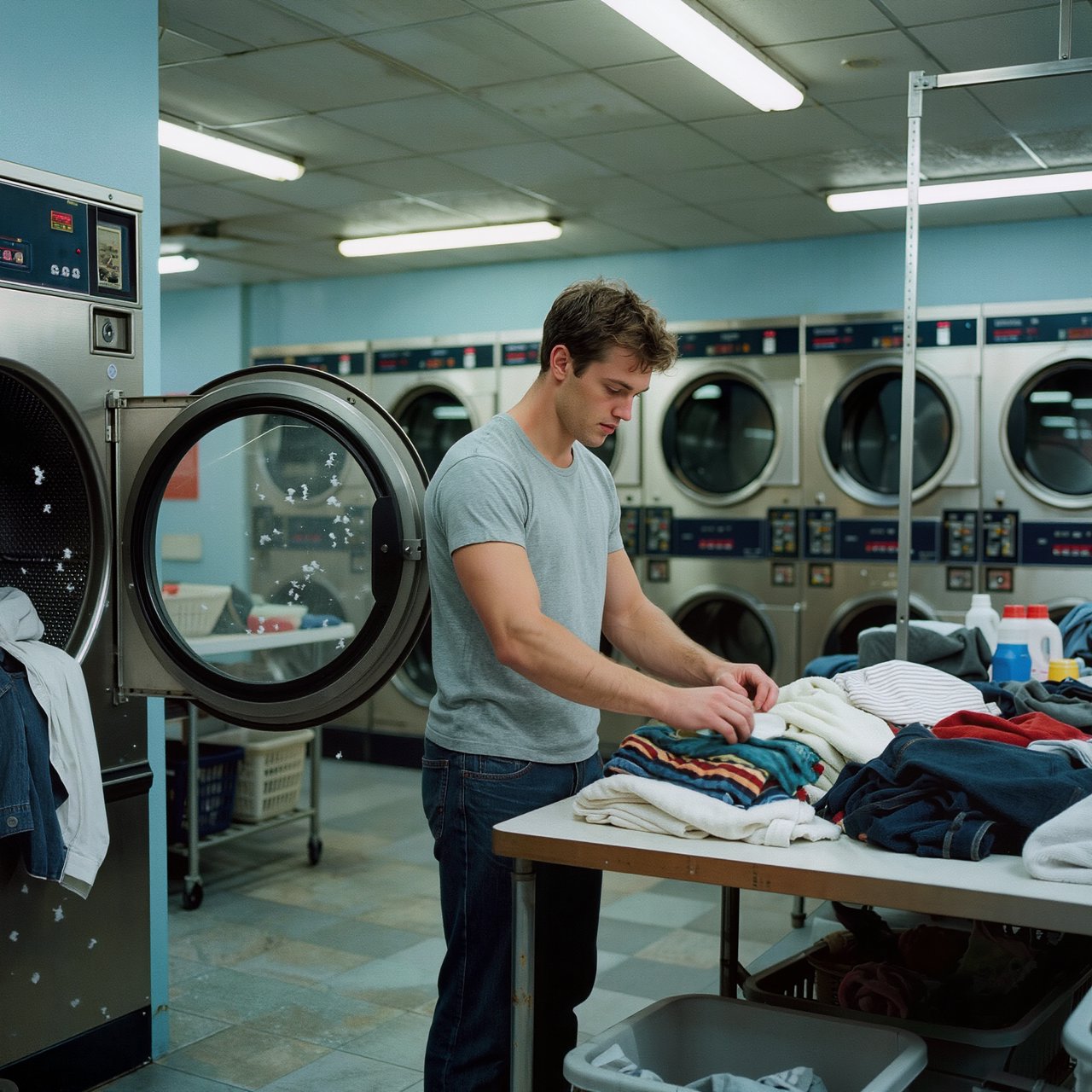 Candid documentary photograph of an adult sorting laundry in a neighborhood laundromat, cool fluorescent light, 35mm lens with moderate depth of field, lint specks floating near a tumbling dryer door. — Kling v3