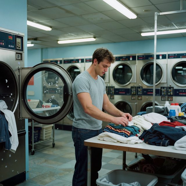 Candid documentary photograph of an adult sorting laundry in a neighborhood laundromat, cool fluorescent light, 35mm lens with moderate depth of field, lint specks floating near a tumbling dryer door. — Kling v3