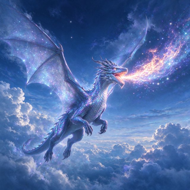 A beautiful, ethereal dragon flying through the skies breathing star flames. Detailed scales. — Seedream 5.0 Flash