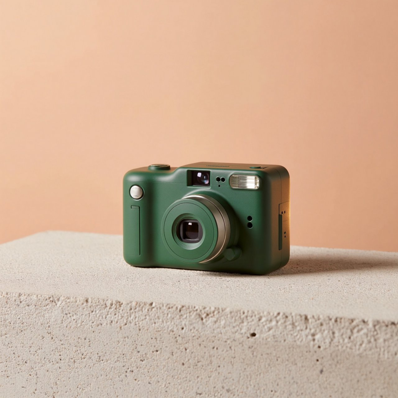 Commercial product photograph of an unbranded compact instant camera in matte forest-green polymer with brushed steel details, resting on a pale concrete surface against a warm peach background, illuminated by broad diffused studio light and a soft rim light. — ImagineArt 2