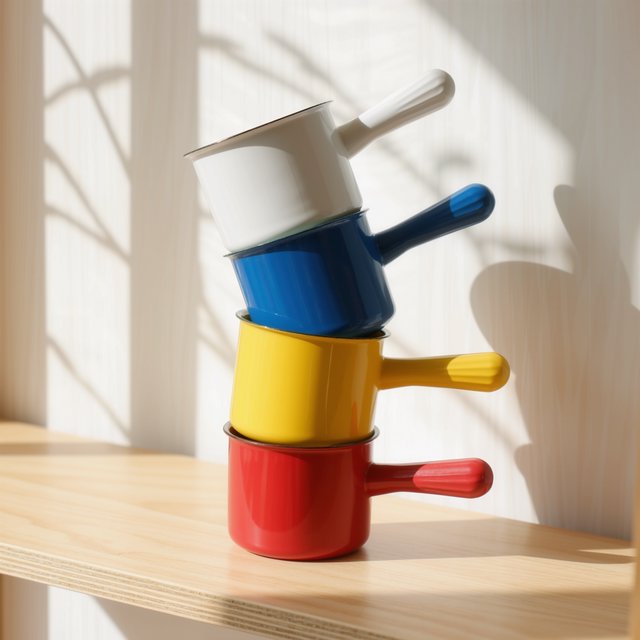 Exactly four enamel camping cups form a vertical tower on a pale wooden shelf, bottom to top: red, yellow, blue, white; all handles face right. Soft morning light, nothing else. — Kling v3 Omni
