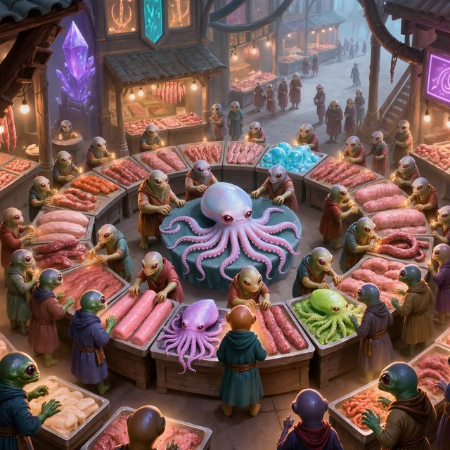 Exotic alien meat market with every possible meat imaginable on sale! — Kling v3 Omni