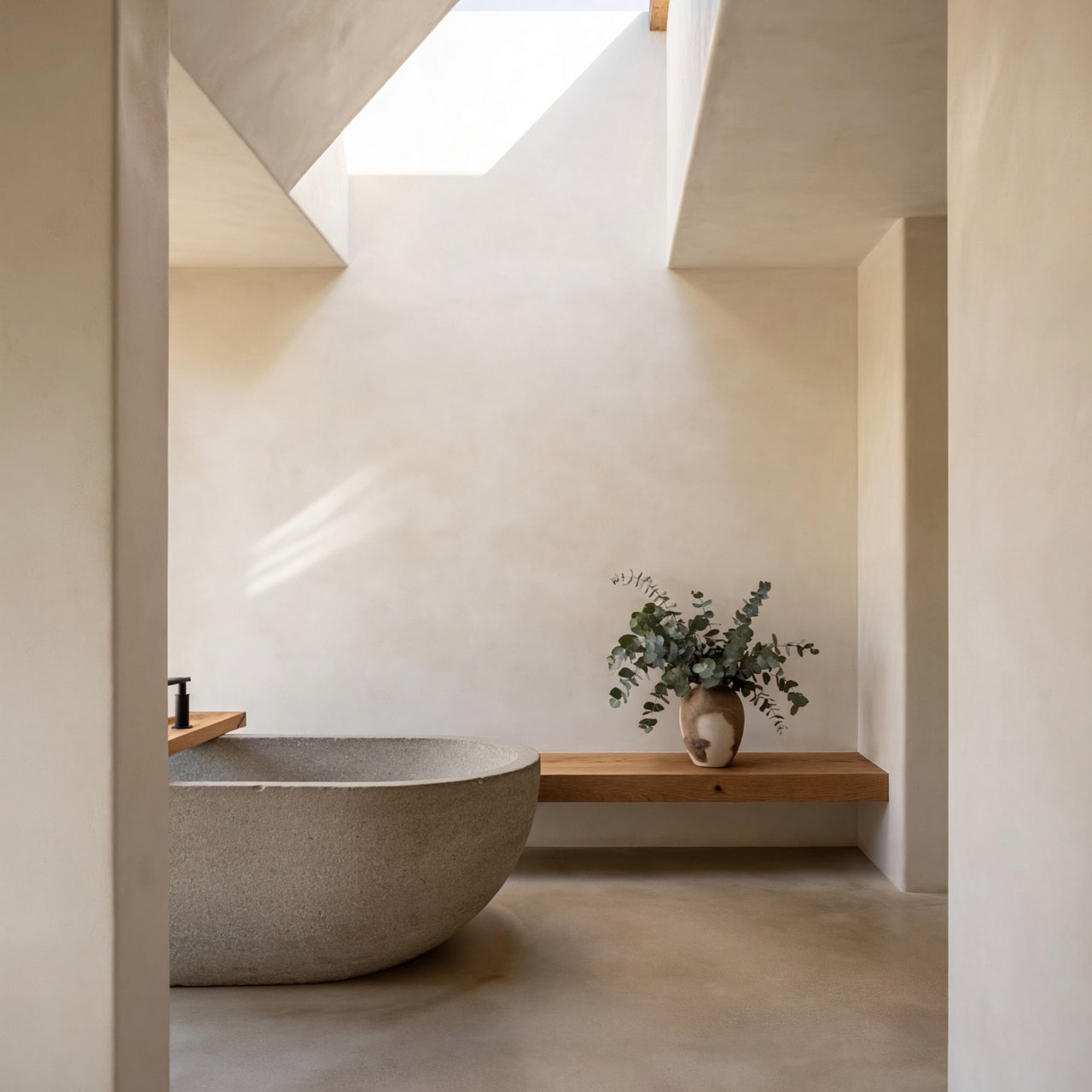 A spa bathroom with a stone tub, a skylight, plaster walls in warm white, eucalyptus in a vase, soft shadows. — ImagineArt 2
