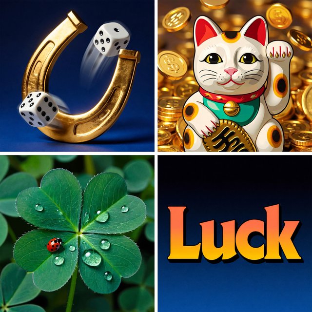 Many panels. Each panel represents an item, thing, creature, or scene that represents Luck. The word "Luck" appears at least once in the image. Be as creative as possible. — ImagineArt 2