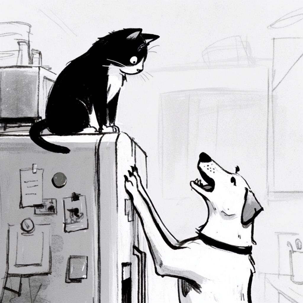 A cat sits on the top of a refrigerator calmly looking down at a barking dog. The dog is on his hind legs leaning on the fridge barking at the cat. — Krea 2 Large