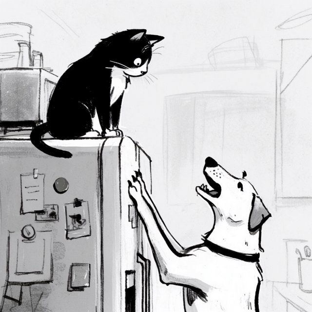 A cat sits on the top of a refrigerator calmly looking down at a barking dog. The dog is on his hind legs leaning on the fridge barking at the cat. — Krea 2 Large