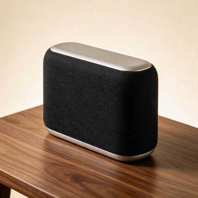 Commercial product photograph of an unbranded wireless speaker made from textured black fabric and satin aluminum, placed on a walnut tabletop against a warm cream background, illuminated by a large softbox and subtle backlight. — Seedream 5.0 Pro