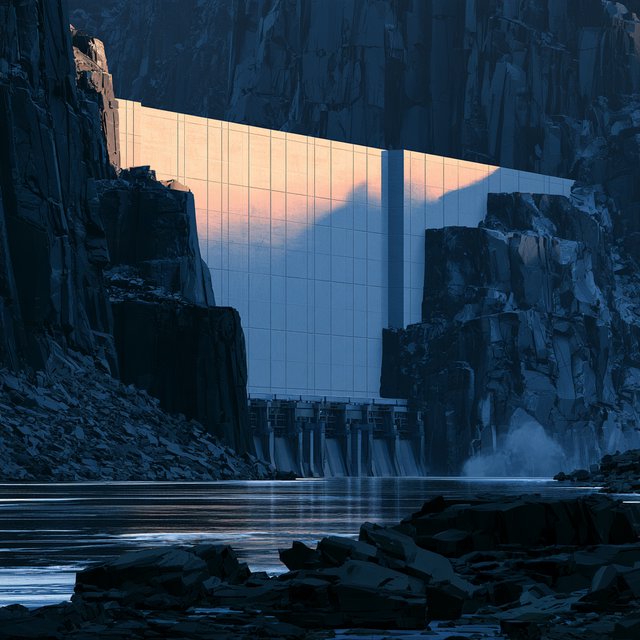 A broad hydroelectric dam in contemporary Brutalist engineering style spans a rocky gorge, its pale concrete face anchored by dark basalt abutments and steel gates; cool dawn light, viewed from downstream, with convincing load-bearing geometry. — Model 13