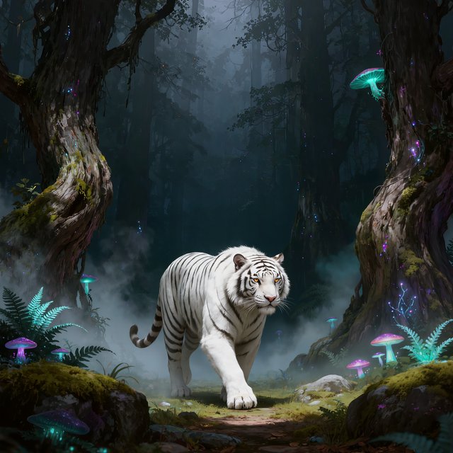 A majestic white tiger with eyes like molten gold, walking through a misty, ancient forest. Strange, bioluminescent flora casts an ethereal glow on the gnarled trees and moss-covered stones. The atmosphere is one of profound mystery and quiet solitude. Rendered in the style of detailed matte painting with a touch of dark fantasy concept art. — Kling v3
