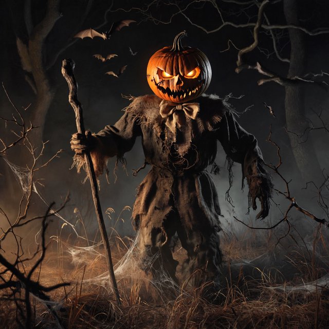 Chiaroscuro contrast, inner-lit glows, dense central detail fading into haze and velvety darkness. A pumpkin-headed scarecrow with a jack-o-lantern face, glowing eyes, stitched grin, bow tie, bark torso, and wooden staff stands in a night forest clearing with dry grass, cobwebs, bats, bare branches, — Model 8