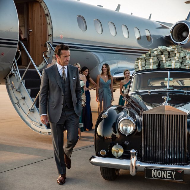 A man dressed in very nice formal clothes is getting off a private black-and-white plane. Many beautiful adult women in dresses are following the man. The man is heading toward a very high-end classic black car. The word "Money" is on the car's license plate. On top of the car is a ton of money. It is the afternoon. The vibe is cool and rich. — ImagineArt 2