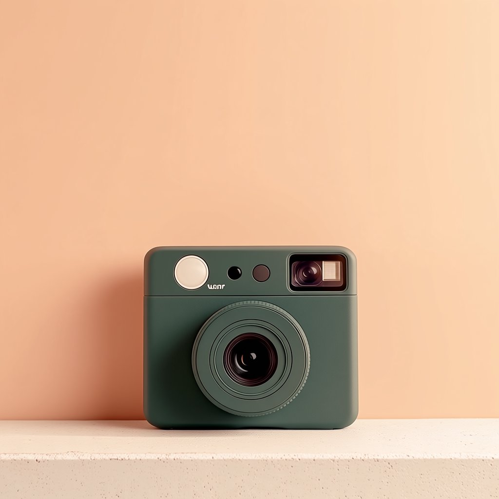Commercial product photograph of an unbranded compact instant camera in matte forest-green polymer with brushed steel details, resting on a pale concrete surface against a warm peach background, illuminated by broad diffused studio light and a soft rim light. — Midjourney Niji 7